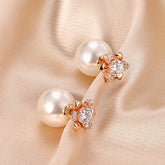 Round Zircon Camellia with Pearl Silver Studs Earrings for Women